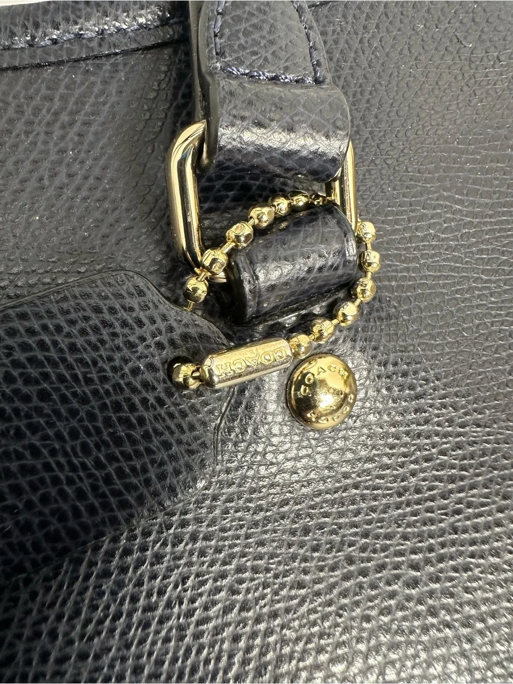 Coach Navy Pebbled Leather Tote with Tag and Gold Accent